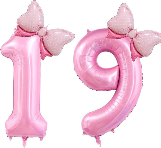 40 inch Number 19 Balloon with Bow Pink Happy Birthday Jumbo Number Balloons for Girls Daughter Birthday Decorations Party Supplies (Pink Number 19)