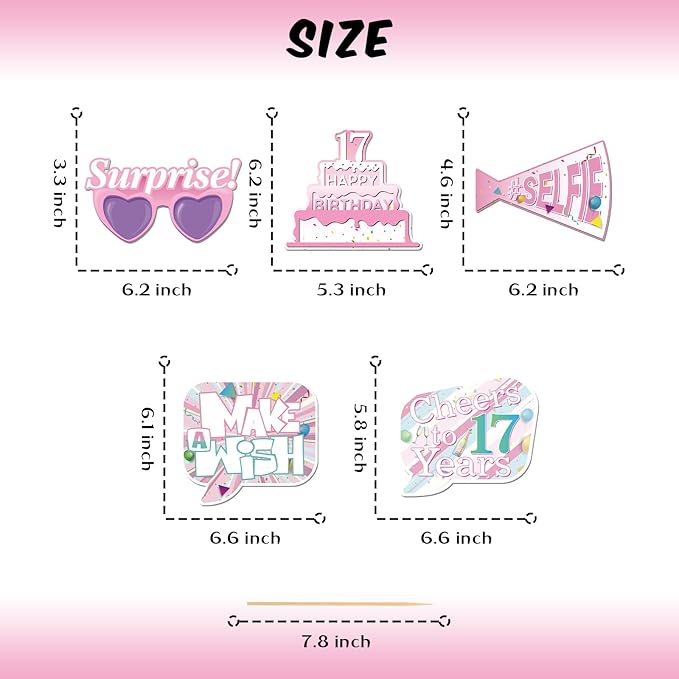 20 Pcs Girl 17th Birthday Photo Booth Props Kit, Pink 17th Birthday Party Selfie Decorations, Girl Teen's 17th Bday Party Photography Supplies