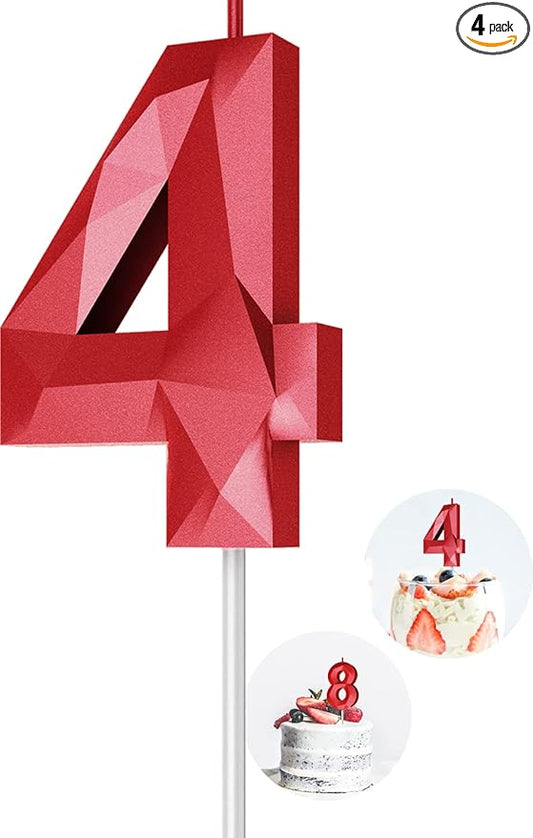 Number Birthday Candles(4 Candle Red) 3D Diamond Shape Number Happy Birthday Cake Candles for Birthday Party Wedding Decoration Reunions Theme Party