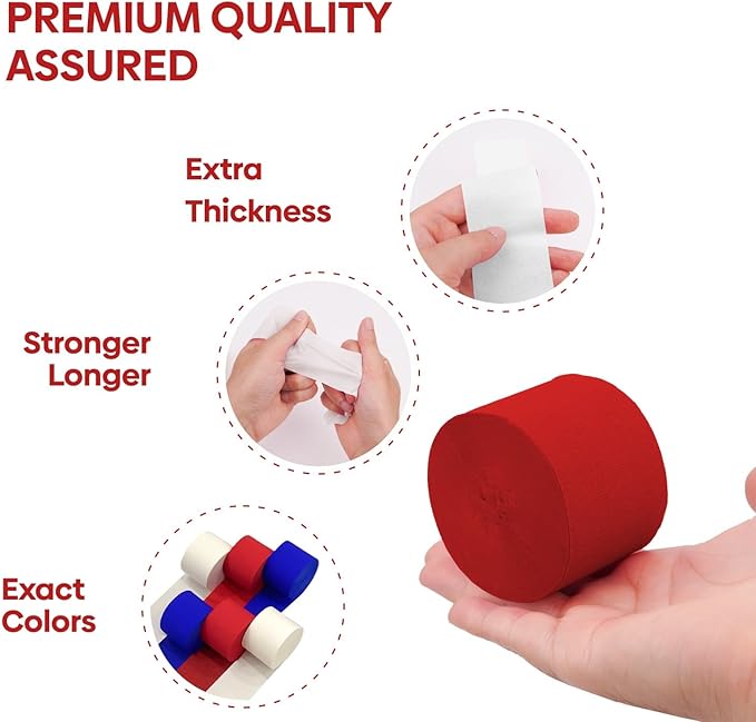 6 Unique Red, White and Blue Streamers, 492ft Pack of Red, White and Blue Crepe Paper Rolls for USA Decorations, American Party Decorations, 4th of July (1.8 inch x 82 ft/Roll)