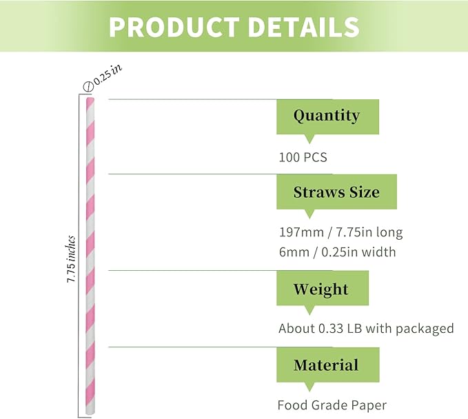Pink Striped Paper Drinking Straw, 100 Pack Disposable Hot Pink and White Straw for Cake Pop Sticks Princess Birthday Party Suppliers, Wedding Decoration