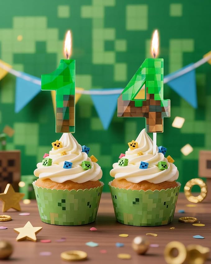 Pixel Birthday Candle, 2.68 Inch Miner Number Candles, Game Themed Candle Birthday Decoration for Pixel Theme Birthday Anniversary Dynamite Video Game Party (Green, 14)