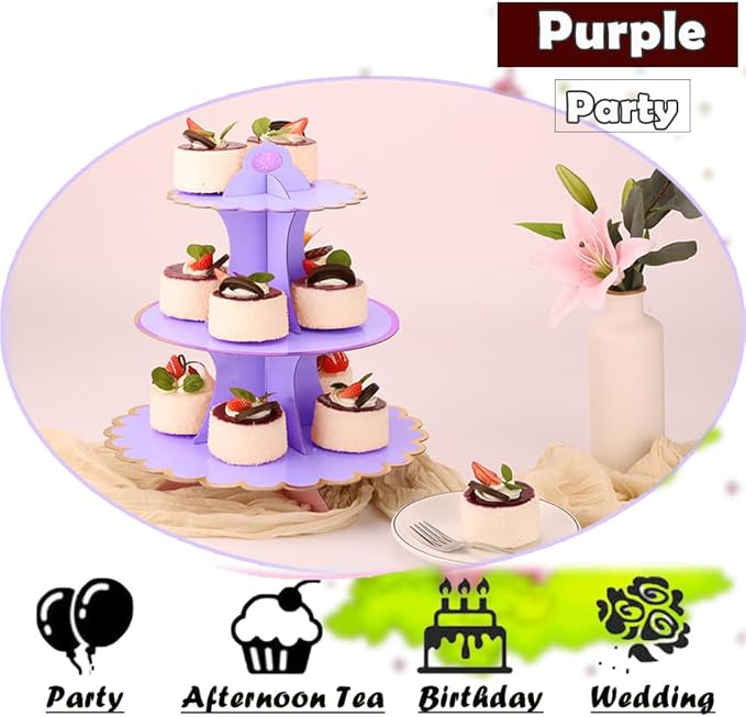 MRPAPA Cardboard Cupcake Stands, Set of 2 Tiered Dessert Trays - 3 Tier Paper Cupcake Tower Holder for 24 Cupcakes, Perfect for Girls' Birthday and Baby Shower Parties (Purple and Gold)