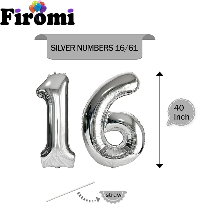 FIROMI 16 Number Balloons Silver Big Giant Jumbo Huge Foil Mylar 16 Balloon Numbers for 16th Birthday Party Anniversary Events Decorations 40-inches