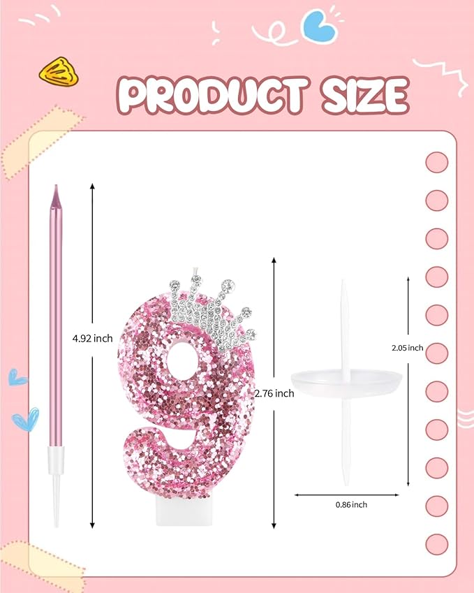 Birthday Candles for Cake, Pink Number Candles, Cake Candles with Greeting Card for Birthday Party Wedding Anniversary Celebrations (9 Candle, Silver Crown)