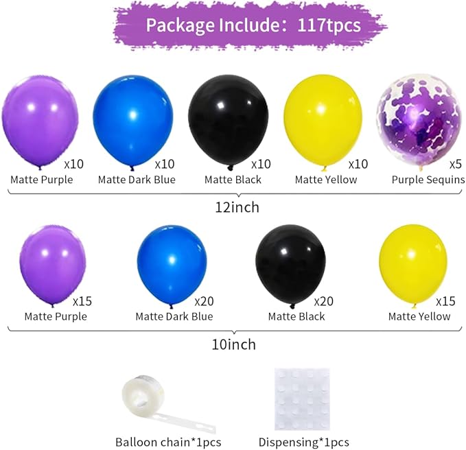 Purple Royal Blue Black Yellow Balloon Garland Arch Kit - 117PCS Purple Blue Black Balloons Video Gaming Party Supplies for Boys Miner Gamer Fan Birthday Graduation Party Decoration