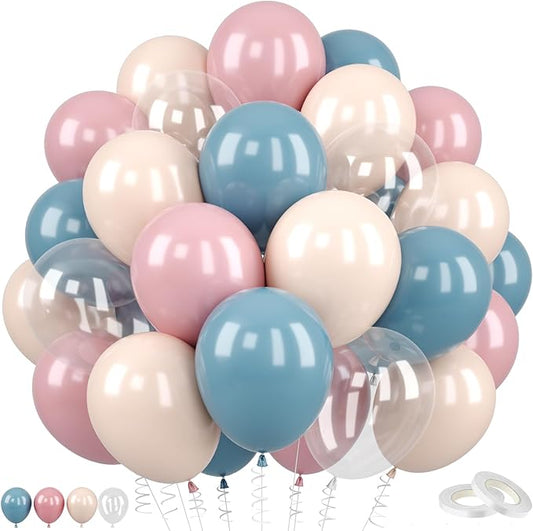 Dusty Pink Blue Balloons Set, 60 Pcs Gender Reveal Balloons, Retro Blue Pink Slate Blue Beige Ivory White Clear Latex Balloon Helium for Boy or Girl Birthday Neutral Baby Shower Party Decorations