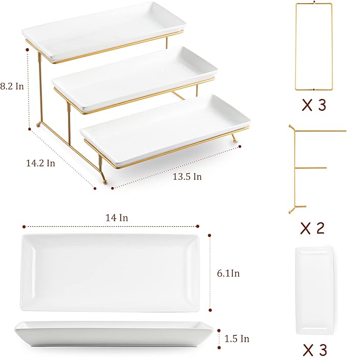LYEOBOH 3 Tier Serving Stand and Platters Set Large Tiered Serving Platters with Collapsible Sturdier Rack 14 Inches Tiered Serving Tray for Appetizer Fruit, Dessert and Cupcake, White