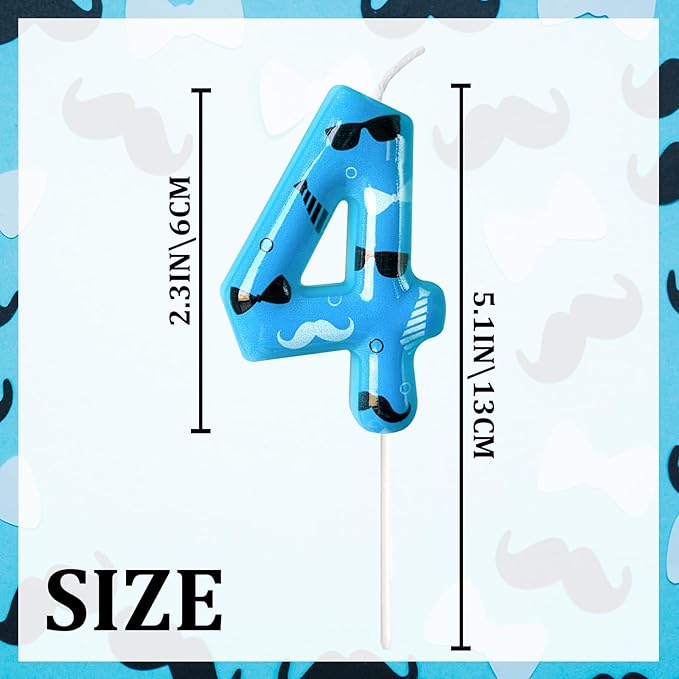 Number 4 Birthday Candle for Cake – Blue Gentleman Style with Sunglasses, Bow Tie & Mustache Design – Cool Cake Topper for Birthday Party Decoration