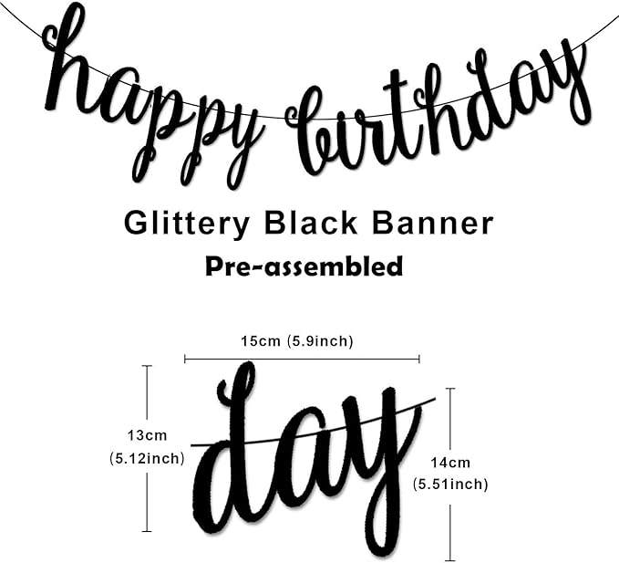 Black Happy Birthday Banner Decoration Kit, Glittery Banner Circle Dots Garland with Black Silver Hanging Swirls for Birthday Baby Shower Party Decorations Supplies, Pre-Strung