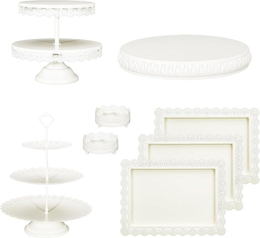 8Pcs Metal Cake Stand Set with 15" Base for Large Cakes, 2-Tier & 3-Tier Dessert Stands, Lace Edge Serving Trays – Elegant Display for Wedding, Birthday, Party Décor (Cream White)