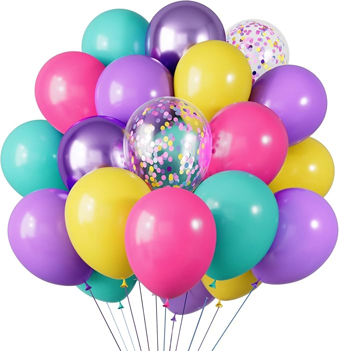 RUBFAC Pink and Purple Balloon Bithday Balloons, 65pcs 12 Inches Purple Metallic Teal Yellow Confetti Party Balloons for Magic Hunters Theme Birthday Baby Shower Decoration