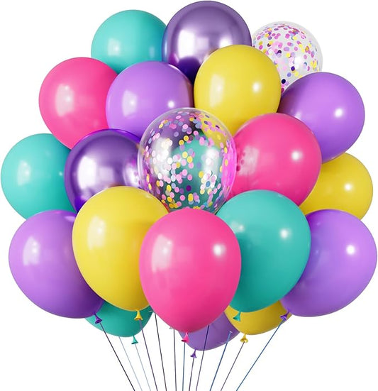 RUBFAC Pink and Purple Balloon Bithday Balloons, 65pcs 12 Inches Purple Metallic Teal Yellow Confetti Party Balloons for Magic Hunters Theme Birthday Baby Shower Decoration