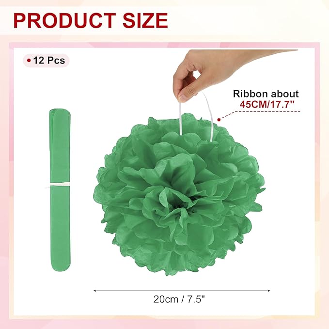 PATIKIL 8inch Tissue Paper Pom Poms, 12PCS Pom Poms Paper Flowers Ball Tissue Paper Flowers for Wedding Bridal Shower Birthday Bachelorette Party Backdrop Decoration, Dark Green
