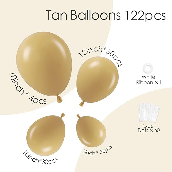 120pcs Tan Balloons, 18 12 10 5 inch Light Brown Balloons Different Sizes Brown Balloon Arch Kit for Boho Wedding Baby Shower Birthday Party Decorations
