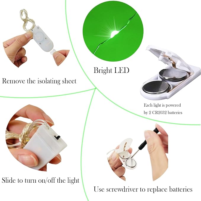 SmilingTown Battery Operated Fairy String Lights 24 Pack 20 LED 7.2ft Starry Firefly Copper Wire for Wedding Party Table Centerpiece Halloween Christmas Decorations (Green)