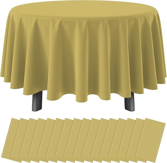 16 Pack Gold Plastic Tablecloth for Round Tables, Premium Decorative Gold Disposable Table Cloths for Parties, Bulk Round Party Table Cover for Birthday Wedding Anniversary Graduation, 84 Inch