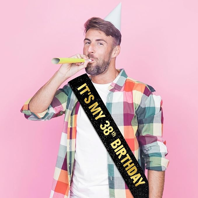 It's My 38th Birthday Sash for Men Women, Black Glitter Sash with Gold Foil