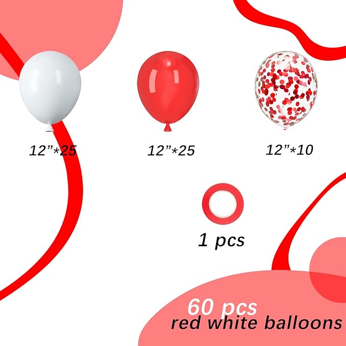 Red and White Latex Balloons, 60pcs 12 Inches Red and White Confetti Balloons with 1 Ribbon for Christmas, Birthday, Graduation, Valentine's Day Party Decorations