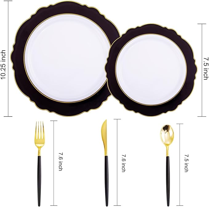 WDF 30Guest Black and Gold Plastic Plates - Gold Plastic Silverware With Black Handle Baroque Black and Gold Disposable Dinnerware for Graduation/Wedding/Party/Birthday