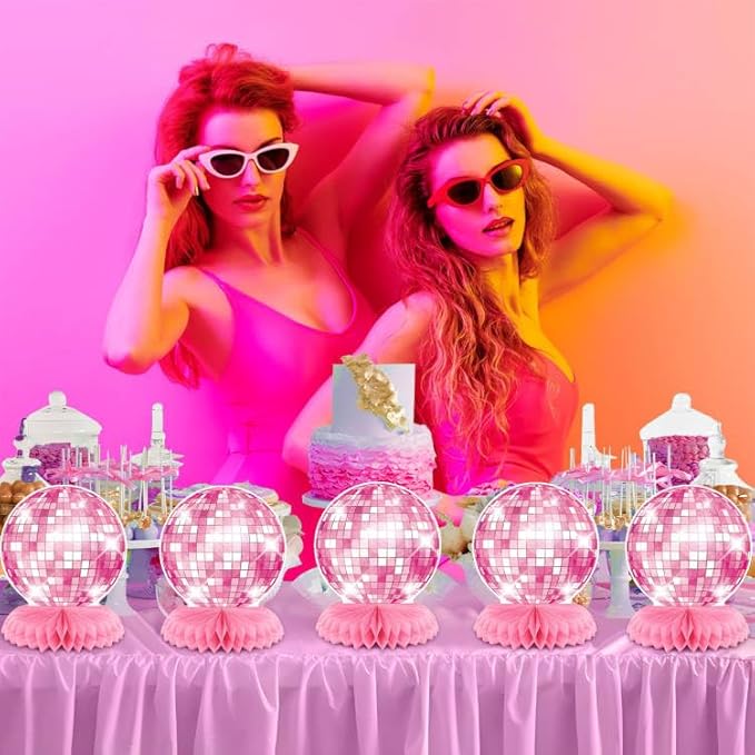 Disco Party Decorations - Pink Disco Decor Flat Disco Ball Centerpieces for Party Table Disco Ball Decor for Cowgirl Birthday Bachelorette Bridal Shower Disco Party Favors
