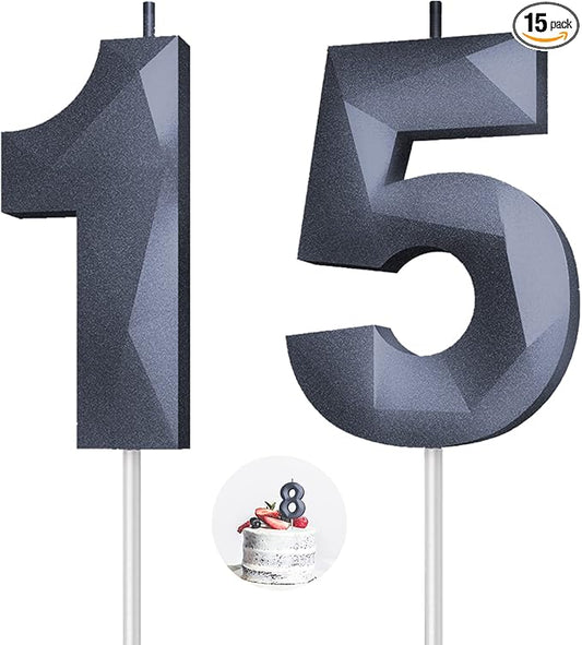 Number Birthday Candles(15 Candle Black) 3D Diamond Shape 15th Happy Birthday Cake Topper Decorations for Boy Men Birthday Wedding Anniversary Celebration Theme Party Supplies