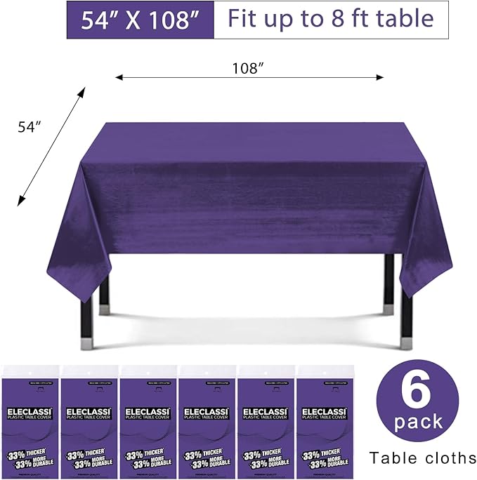 Eleclassi Purple 6 Pack Premium Disposable Plastic Tablecloth 54 x 108 in - Plastic Table Cloth Disposable Tablecloth for Rectangle Table Up to 8 Feet