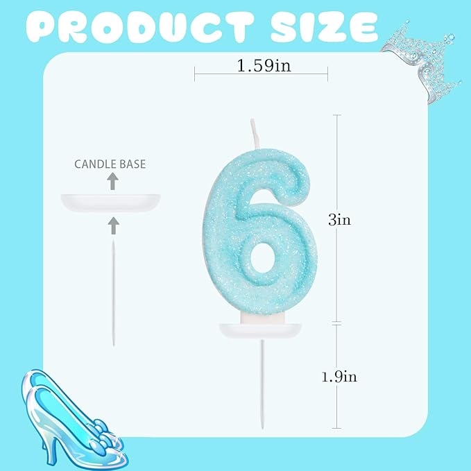 Blue Birthday Candles - Number 6 Candle for 6th Birthday Decorations for Girls Boys, Sky Blue Cake Decorations Sweet Theme Party Supplies