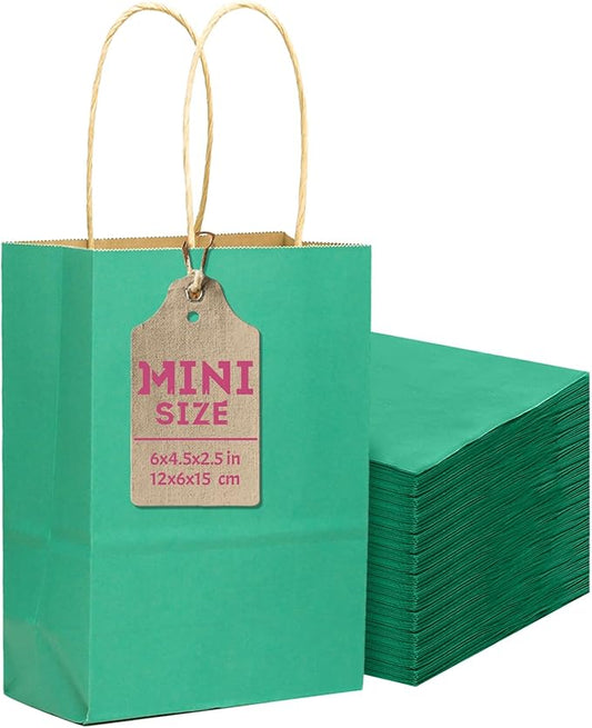qiqee 24 Pcs Blue Green Mini Paper Gift Bags 6"x4.5"x2.5" with Handles Small Brown Kraft Party Favor Bags Treat Bags Multiple Uses (Mini size)
