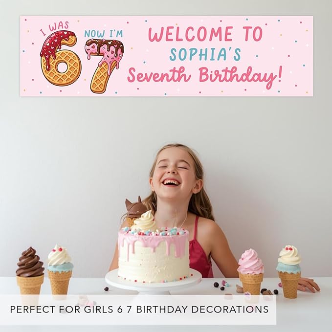 Andaz Press 13x48 Inch Custom 6 7 Birthday Banner Decorations, Personalized Birthday Banner with Custom Name, Ice Cream Theme 67 Happy Birthday Party Banner for Boys or Girls, Home or Party Décor