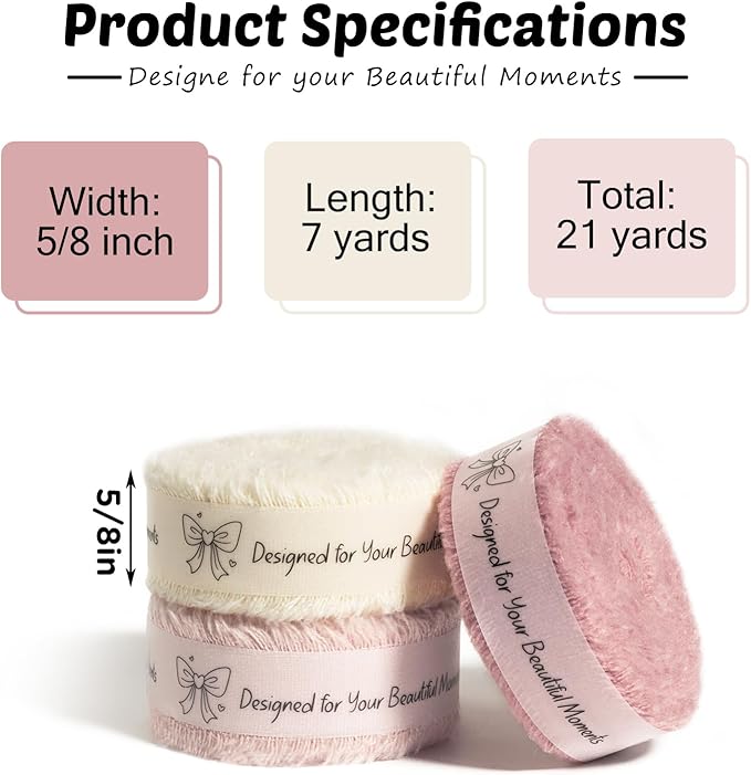 Pink & Ivory Cotton Ribbon 5/8 Inch Dusty Pink, Soft Pink & Cream 3 Rolls 21 Yards Frayed Edge Fabric Set for Rustic Wedding Decor, Engagement Party, Bridal Bouquet Wrap & Gift Wrapping
