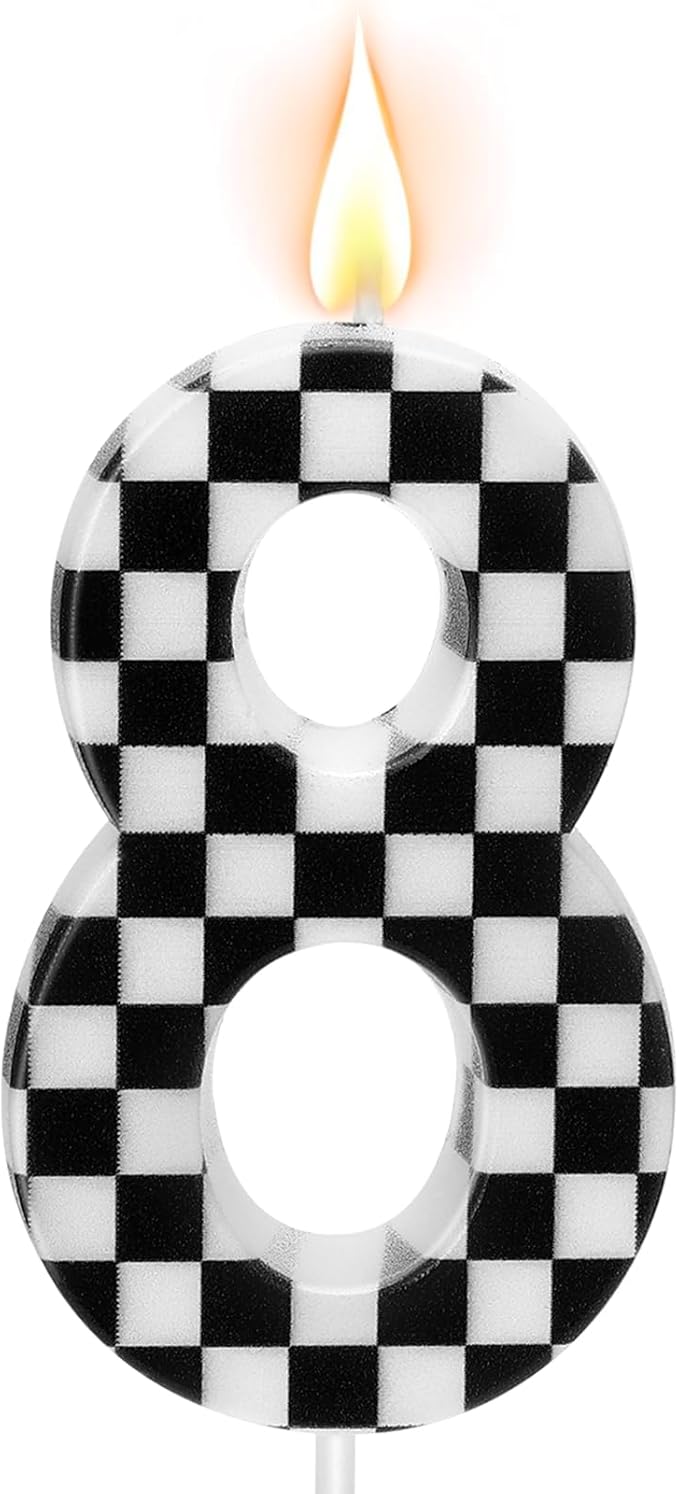 Racing Car Themed Birthday Candles, Number 8 Checkered Candles, Black & White Checkered Cake Decoration, Car Cake Topper for Party Decoration Theme Party Supplies