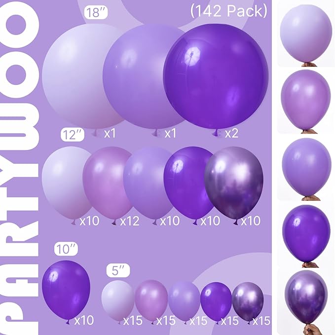 PartyWoo Purple Balloon Arch Kit Garland 142pcs Different Sizes of 18 12 10 5 Inch Dark Royal Light Pastel Metallic Purple Lilac Balloons for Baby Shower Princess Birthday Butterfly Party Decorations