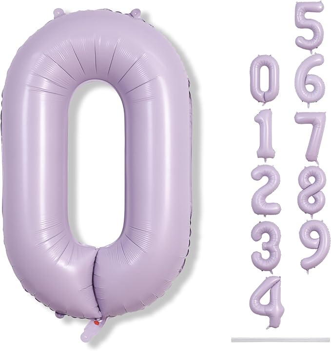 Pastel Purple Number 0 Balloons 40 Inch, Large Lilac Number Balloons 0-9 Set, Light Purple 0 Mylar Foil Balloon Numbers for Girls Women Baby Shower Birthday Graduation Anniversary Party Decorations