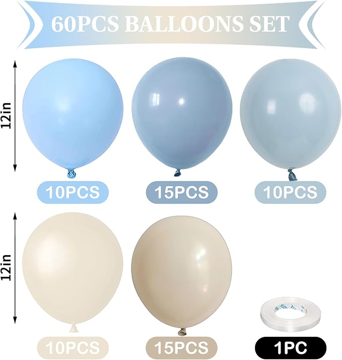 Dusty Blue and White Balloons Haze Pastel Blue Beige Balloon 12inch 60pcs Sand White Ivory Helium Latex Balloon for Arch Birthday Party Decorations Bridal Baby Shower Bachelorette Engagement Wedding