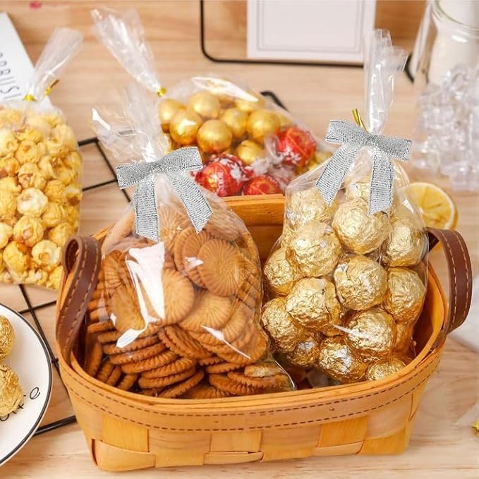 Meseey 100 Pcs 1.5 Inches Pretied Premade Craft Bows with Twist Tie Self Adhesive Satin Ribbon Bows for Treat Bags Gift Wrapping Basket Wedding Baby Shower Brithday Party (Metallic Silver)