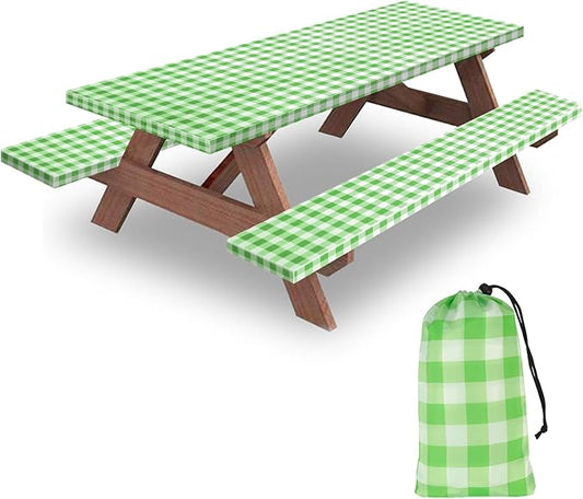 6ft Picnic Table and Bench Cover, Camping Essentials RV Gear, 72in Waterproof Windproof Outdoor Elastic All Around Tablecloth, Fitted Rectangle Tables and Seats, Green-White Checkered