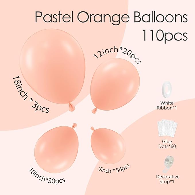 110pcs Peach Balloons, 18 12 10 5 inch Pastel Orange Balloons Different Sizes Peach Balloon Arch for Baby Shower Bridal Wedding Mothers Day Birthday Party Decorations