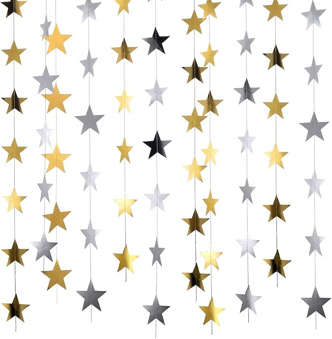 Patelai 130 Feet Glitter Star Garland Banner 2026 Party Decoration Double Side Star Hanging String Streamer Paper Twinkle for Graduation Wedding Birthday (Gold and Silver)