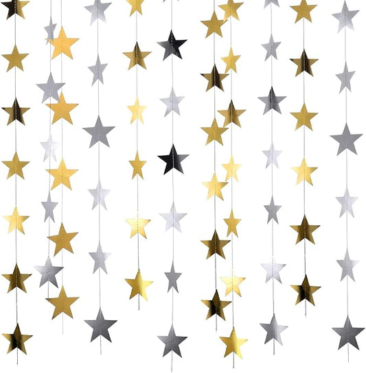 Patelai 78 Feet Glitter Star Garland Banner 2026 Party Decoration Double Side Star Hanging String Streamer Paper Twinkle for Graduation Wedding Birthday (Gold and Silver)