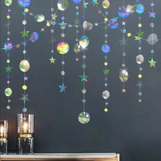 Valentine's Day Decoration Star and Circle Hanging Garland, 65 feet Party Decorations Stars Banner Streamer Backdrop for Birthday Baby Shower Starry Night Theme Party Supplies (Rainbow Silver)