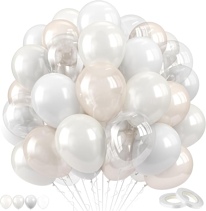 Pearl White Balloons Set, 60PCS Double Stuffed Pearl Balloons, 12 Inch Ivory Sand White Latex Transparent Clear Balloon Helium for Birthday Wedding Engagement Bridal Baby Shower Party Decorations