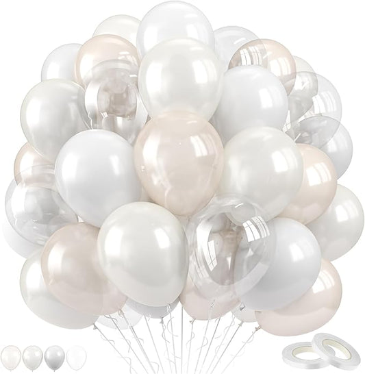 Pearl White Balloons Set, 60PCS Double Stuffed Pearl Balloons, 12 Inch Ivory Sand White Latex Transparent Clear Balloon Helium for Birthday Wedding Engagement Bridal Baby Shower Party Decorations
