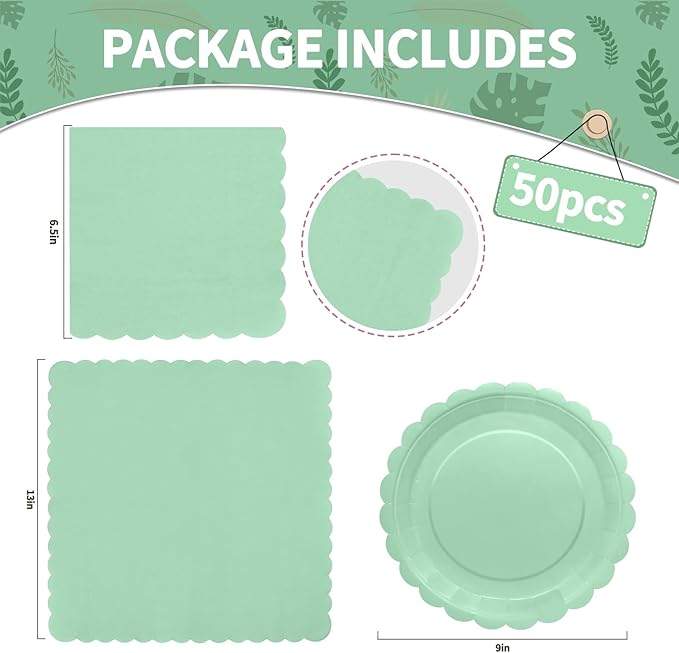 100Pcs Sage Green Plates and Napkins - Disposable Sage Green Scalloped Paper Plates & Napkins Serves 50,Green Party Supplies for Baby Shower Wedding Bridal Shower Birthday