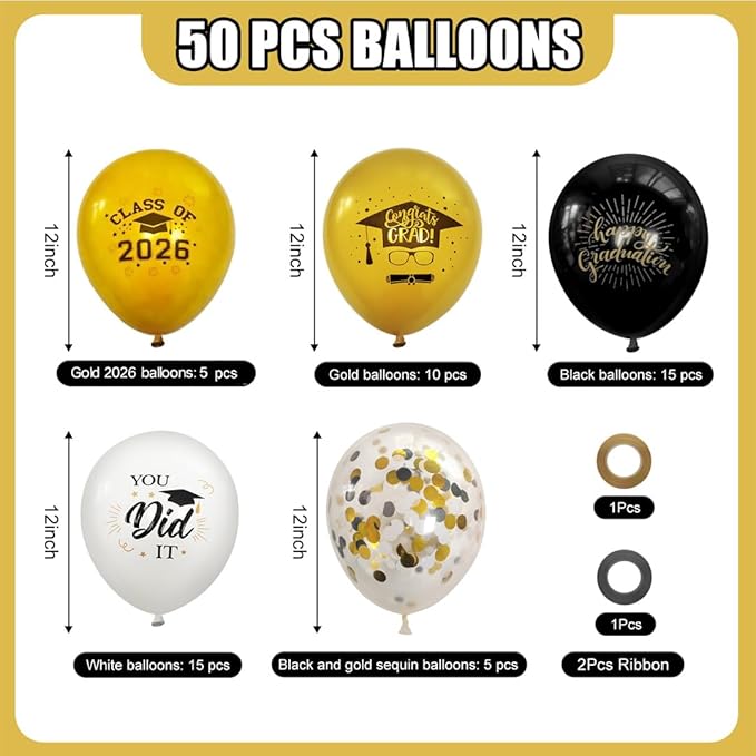 50 Pack Graduation Party Decorations Balloons Set - 12 Inch Graduation Balloons 2026 Black Gold Grad Balloon for Grad Party Decoration Supplies