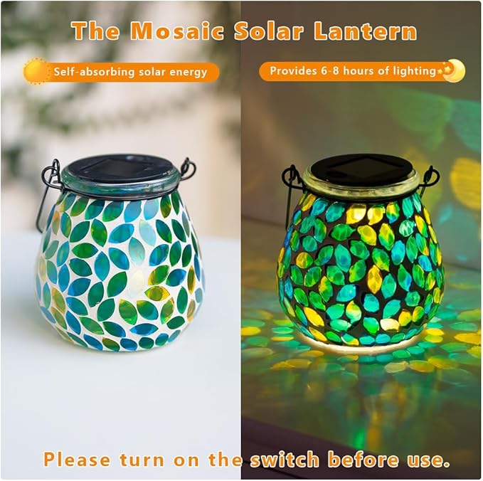 Starsoul Solar Lanterns Outdoor Waterproof, Unique Green Mosaic Glass Solar Garden Lights, Decorative Outdoor Lantern for Outside Patio Pathway Porch Yard Table