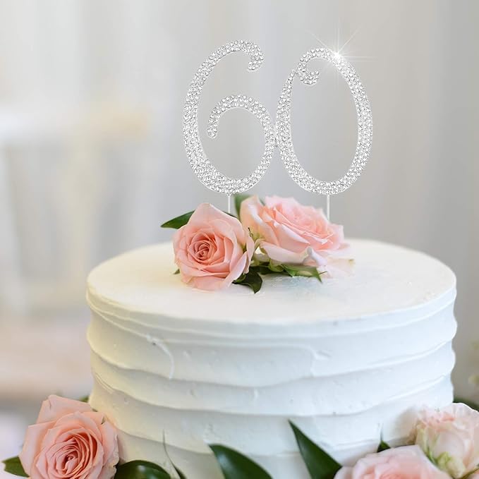 Bling Crystal Rhinestone 60 Birthday Cake Topper - Best Keepsake | 60th Party Decorations Silver