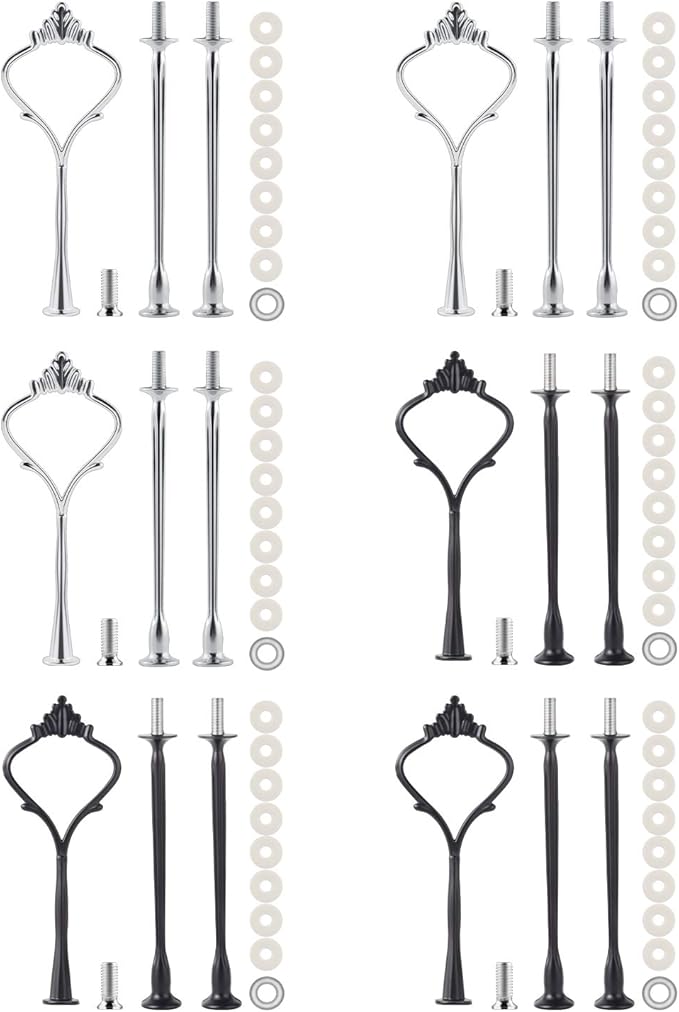 6 Set Tiered Tray Hardware for Cake Stand Mold Crown 3 Tier Cake Stand Fittings Hardware Holder for Wedding and Party Making Resin Cupcake Dessert Platter Serving Stand (Silver & Black, M)