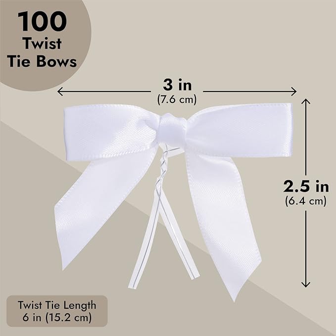 Juvale Twist Tie Bows - 100 Count, White, 3 x 2.5 in Satin Ribbon - Pre-Tied Gift Bows - Twist Ties for Cake & Crafts