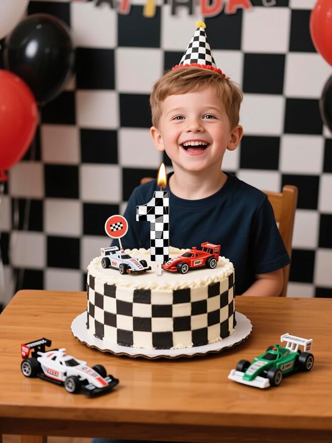 Number 1 Racing Cars Birthday Candles,2.68 Inch Black White Checkered Birthday Number Candles, Cool Racing Themed Number Candles for Boys and Girls, Kids Race Car Themed Party Decorations Supplies